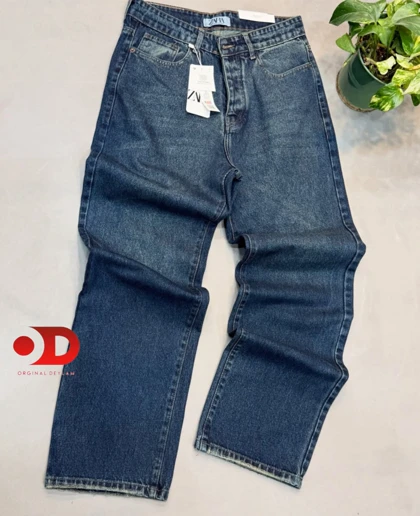 شلوار نیم بگ سرمه ای مایل به سبز مردانه با شست خاص و کمیاب پارچه دنیم کجراه اعلا گرم بالا