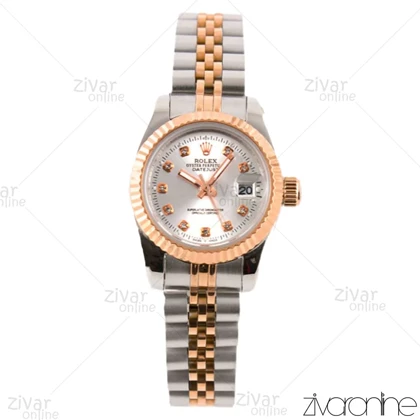 ساعت رولکس دیت جاست زنانه رزگلد نقره ای ایندکس نگین‌دار 102239