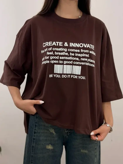 تیشرت باکسی اورسایز رنگی چاک‌دار طرح CREATE & INNOVATE آلما