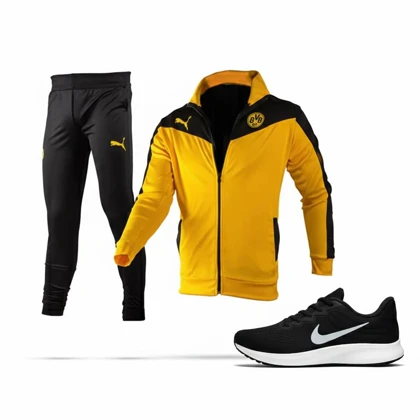 پکیج ست سویشرت شلوار دورتموند مردانه مدل BVB09 + کفش ورزشی مردانه Nike مدل Tigo زیره سفید-مشکی