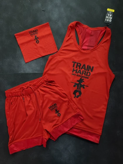 ست 3تیکه رکابی و شلوارک و اسکارف train hard