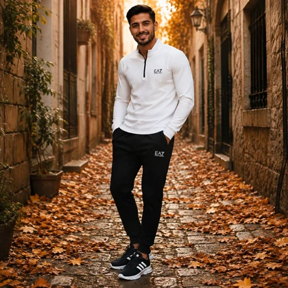 پکیج ست مردانه نیم زیپ و شلوار مدل EA7 + کفش ورزشی مشکی زیره سفیدمدل Alshen