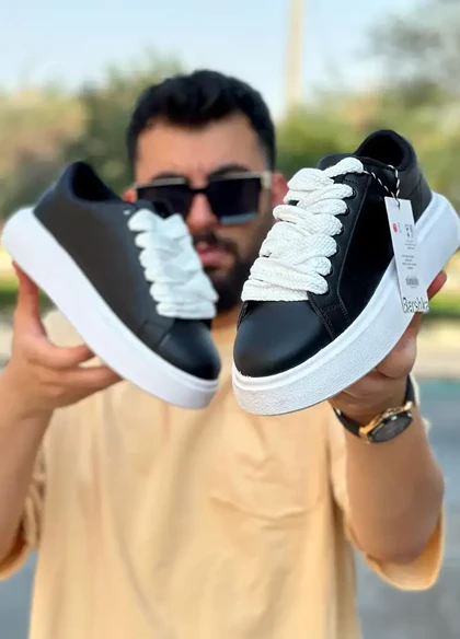 کفش تخت مشکی زیره سفید مردانه مدل MANIN