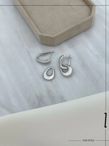 گوشواره دو قطعه اشکی نگینی و آینه‌ای