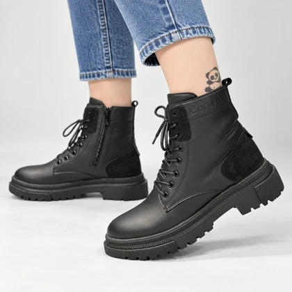 نیم بوت زنانه ضد آب مدل برشکا bershka مشکی ضد آب طرح چرم کد 9070-1