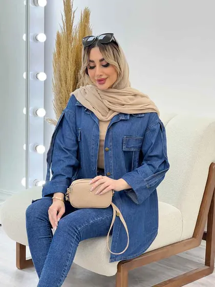 مانتو جین دو جیب آستین پاکتی
