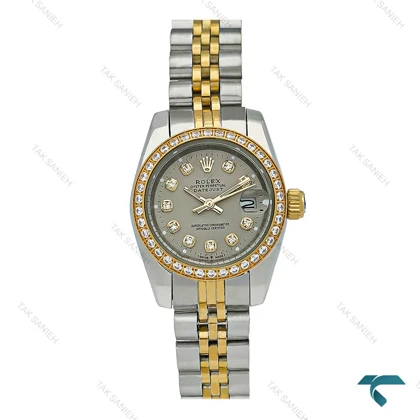 ساعت رولکس زنانه دورنگ طلایی دورنگین صفحه طوسی اسمال Rolex-7504-L