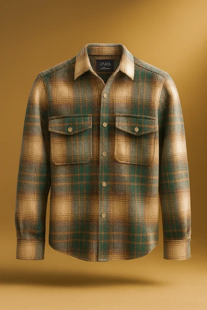 پیراهن پشمی چهارخونه با پارچه برس‌خورده نرم باترکیب رنگ سبزکله‌قازی و کرم با ته مایه های رنگ سبزآبی – کد 895