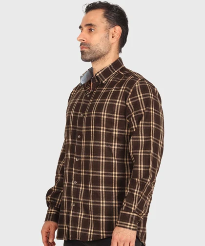 پیراهن مردانه پشمی چهارخانه و قهوه ای 0156