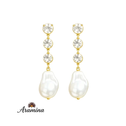 گوشواره مرواریدی زنانه آویز نگین‌دار آبکاری طلا رنگ ثابت ARA 118