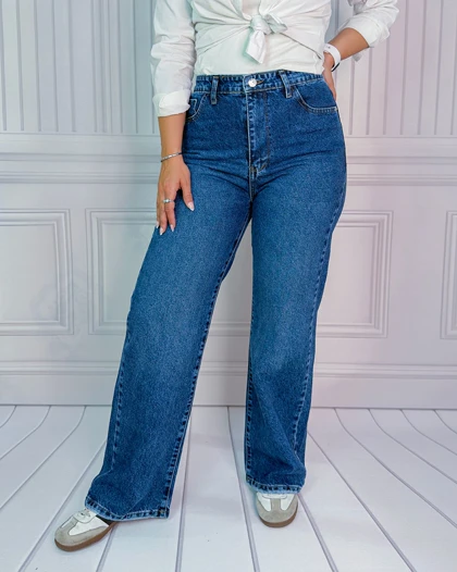 خرید شلوار نیم بگ ساده آبی تیره زنانه Simple Dark Blue Semi Baggy Jeans کد 913300