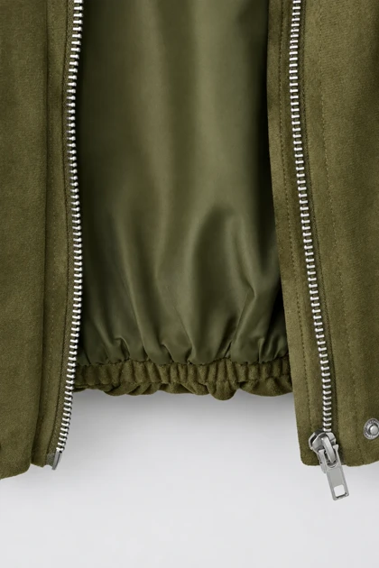ژاکت بامبر دخترانه طرح جیر (Suede-Look) – رنگ سبز زیتونی
