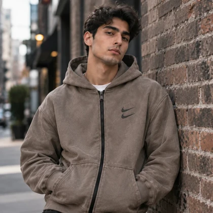 سویشرت دورس کلاهدار مردانه نایکی مدل Double Nike-خاکی
