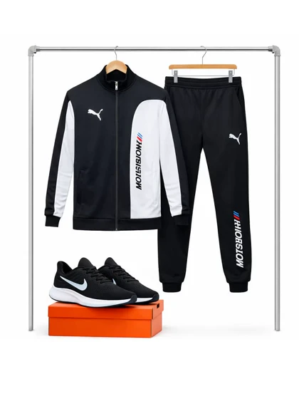 ست سویشرت شلوار مردانه مشکی مدل MotorSport+ کفش ورزشی مردانه Nike مدل Tigo زیره سفید