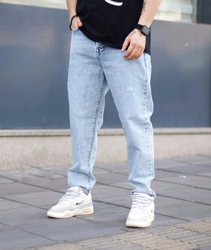 شلوار جین مام فیت آبی یخی زاپ مینیمال سطحی کیفیت عالی