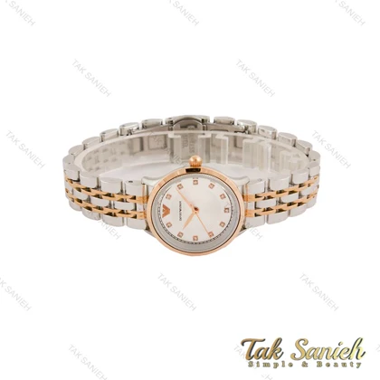 ساعت امپریوآرمانی زنانه دورنگ رزگلد صفحه سیلور شماره نگین Armani-5434-L