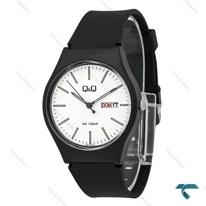 ساعت کیو کیو مردانه دو تقویمه صفحه سفید بند رابر مشکی QQ-7766-G