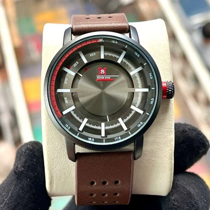 ساعت مچی مردانه اورجینال Never Stop با جعبه اورجینال و باطری اضافی بند قهوه ای1