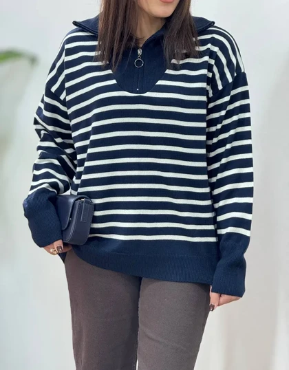 پلیور بافت ترک یقه زیپ راه راه