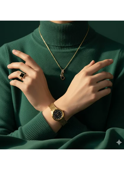 ست زنانه ساعت و گردنبند و انگشتر مدل Van Cleef -طلایی مشکی ویژه