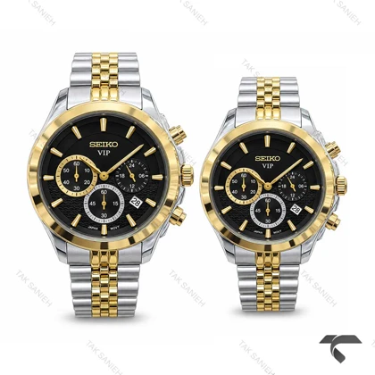 ساعت مچی ست سیکو سه موتوره کرنوگراف دوزنگ طلایی مشکی Seiko-11439-S