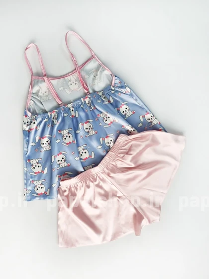 ست لباس خواب تاپ و شورتک ساتن طرح خرگوش