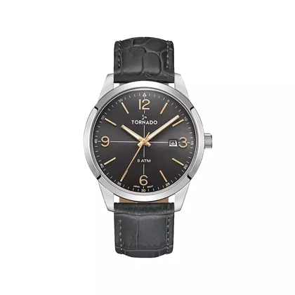 ساعت مچی مردانه تورنادو بند چرم مشکی قاب نقره ای T24007-SLXX