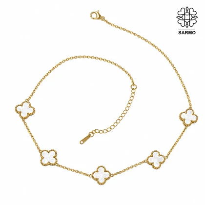 گردنبند استیل ونکلیف پنج گل سفید طلایی گل کد 509428009