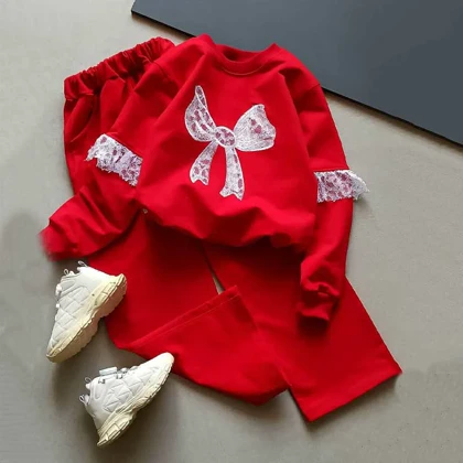 بلوز شلوار دخترانه پاپیون توری نیم بگ