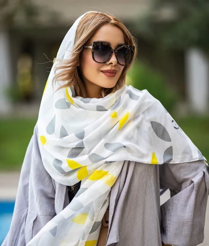شال نخی طرح برگ طوسی زرد