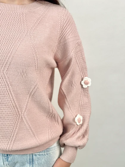 بافت آستین پفی گل سفید