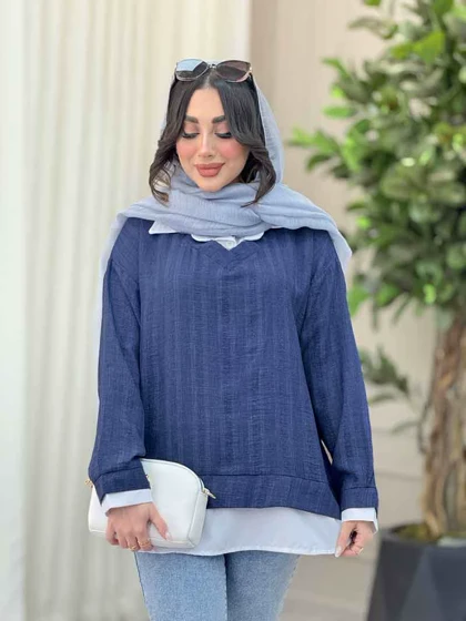 شومیز یقه تک دکمه ترکیبی