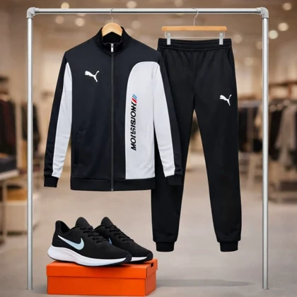 ست سویشرت شلوار مردانه مشکی مدل MotorSport+ کفش ورزشی مردانه Nike مدل Tigo زیره سفید