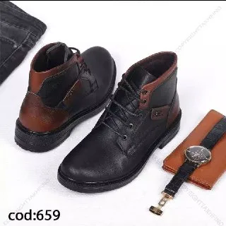 نیم بوت چرم مشکی قهوه ای - کد 659(Tb4)