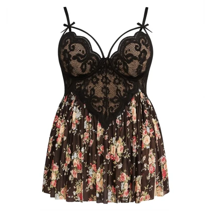 لباس خواب سایز بزرگ هارنسی مشکی طرح گل برند سی اس فور کد 100347