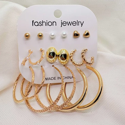 پک 9 جفتی گوشواره طلایی مدل «جامع» | ترکیبی از میخی، حلقه‌ای و فانتزی (اقتصادی)