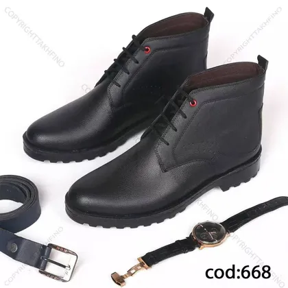 نیم بوت مشکی دکمه قرمز چرم - کد 668(Tb2)