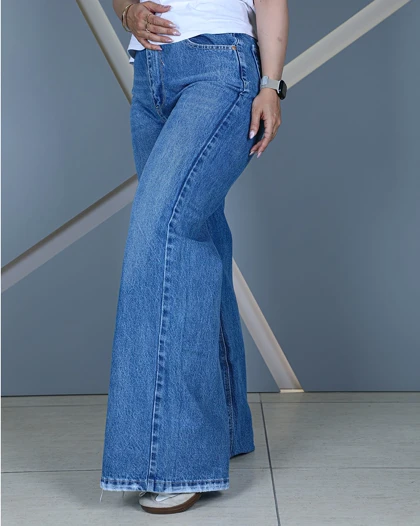 شلوار جین فلر بگ آبی متوسط زنانه قد 110 سایز 36 تا 46 Medium Blue Flare Baggy Jeans کد 90500