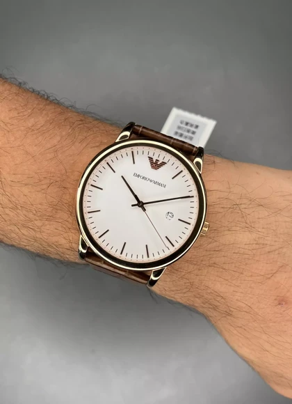 ساعت مچی امپریو آرمانی بند چرمی قهوه ای صفحه سفید Emporio Armani