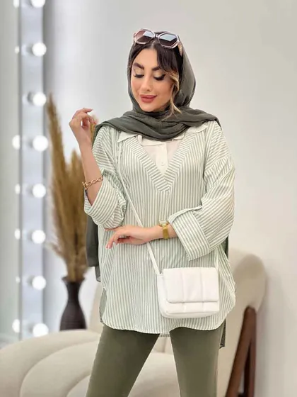 شومیز راه راه ترکیبی جلو بسته