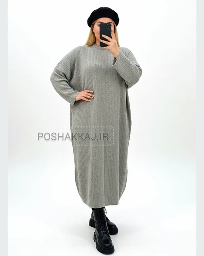 کفتان بافت بلند سایز بزرگ پلاس یقه گرد آستین بلند کش بافت طرح خطی زنانه کد1881