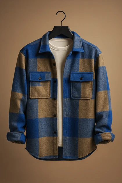 پیراهن پشمی فوتر کبالتی آبی کرم گرم با چهارخونه‌های درشت فوق‌العاده خفن اورجینال دیلم