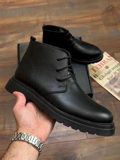 نیم بوت چرم طبیعی سه بند مشکی sho158