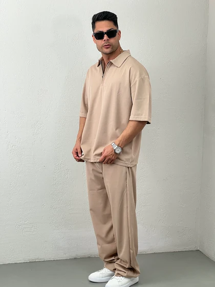 ست مردانه تیشرت نیم زیپ و شلوار