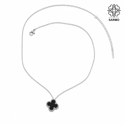 گردنبند استیل ونکلیف تک گل مشکی نقره ای کد 509428063