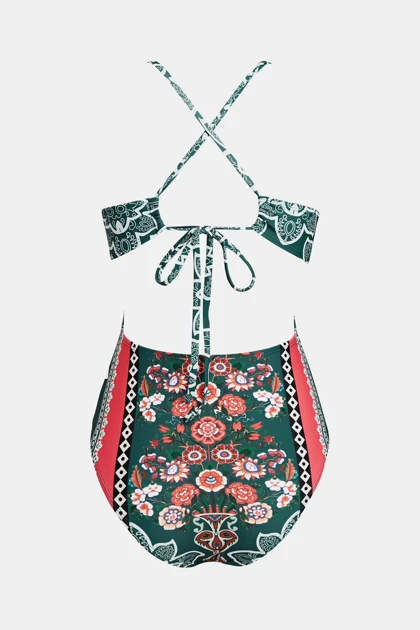 مایو یک‌تکه Cupshe مدل Boho Floral Print Lace-Up – طرح گل‌دار بوهو با بند بندی پشت و استایل رترو