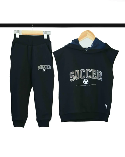 ست جلیقه کلاهدار و شلوار سرمه ای طرح فوتبال