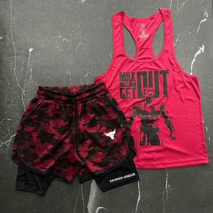 پکیج کد S158 شامل رکابی + شلوارک کشاله دار راک با تم زرشکی مشکی