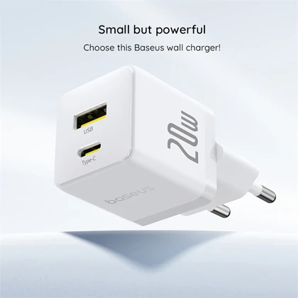 شارژر دیواری 20 وات فست شارژ Type-C و USB بیسوس با کابل دو سر تایپ سی CCZC20UE
