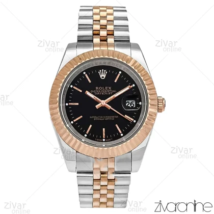 ساعت رولکس دیت جاست مردانه رزگلد نقره ای صفحه مشکی ایندکس خطی 106115